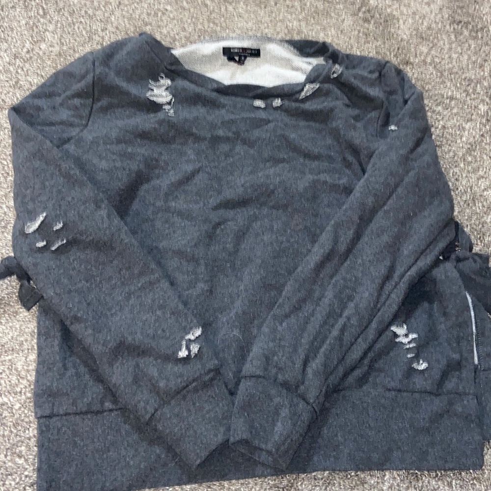 Super cute distressed sweatshirt material sweater